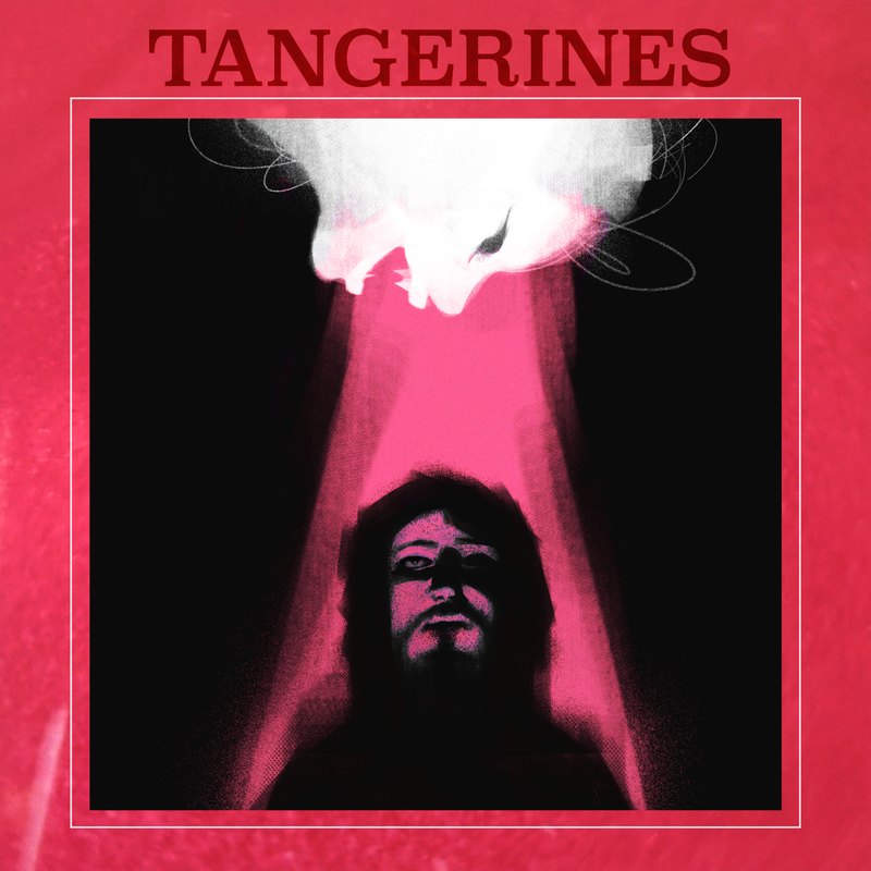 Tangerines cover: a face lit by a pink beam under a white cloud, on red